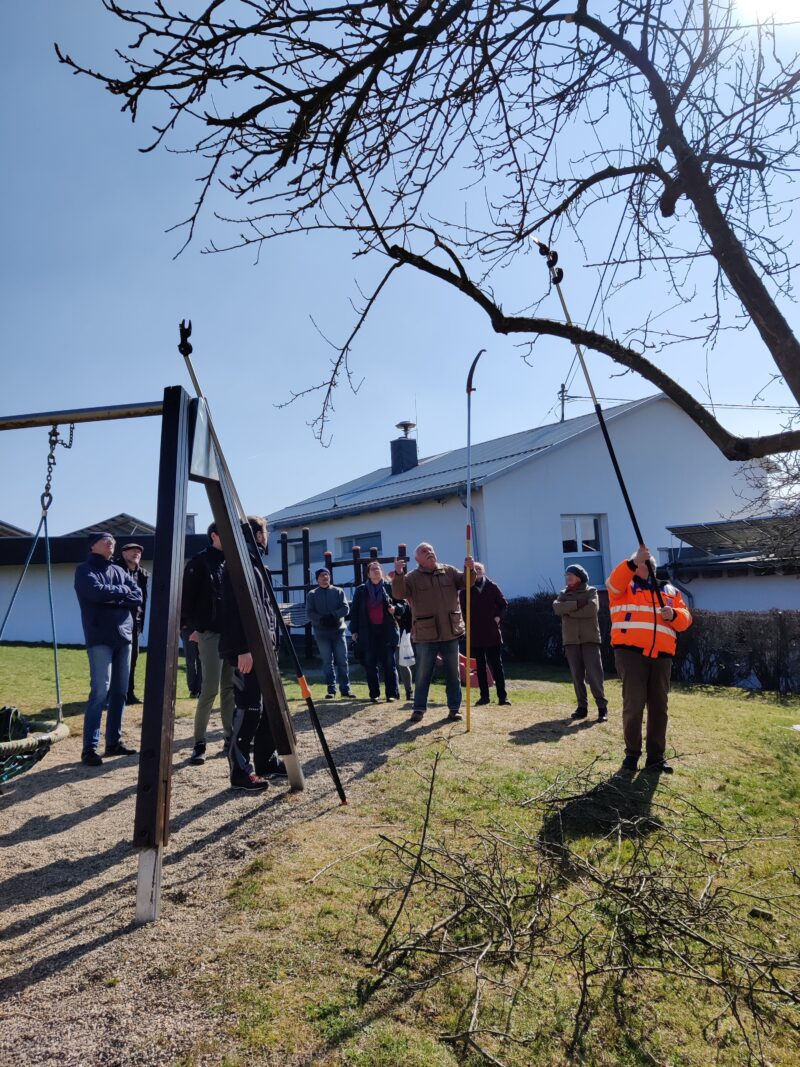 Gruppe Bürger beim Baumschnittkurs am lebenden Objekt auf dem Spielpatz in Simmern WW.